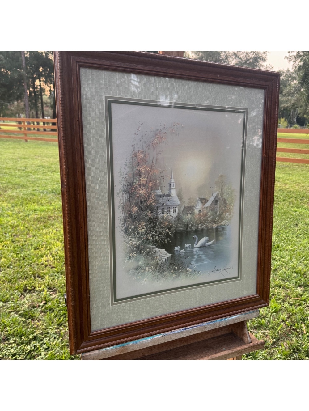 Vintage Andres Orpinas Framed Village Swan Landscape Print 25x29 Wall Art - Picture 3 of 9